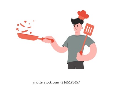 A man stands waist-deep and holds a frying pan and a spatula. Isolated. Element for presentations, sites. Vector illustration