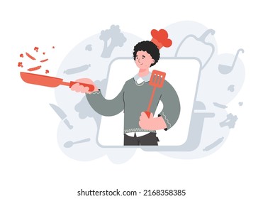 A man stands waist-deep and holds a frying pan. Cafe. Element for presentations, sites. Vector illustration