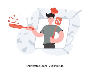 A man stands waist-deep and holds a frying pan and a spatula. Cafe. Element for presentations, sites. Vector illustration