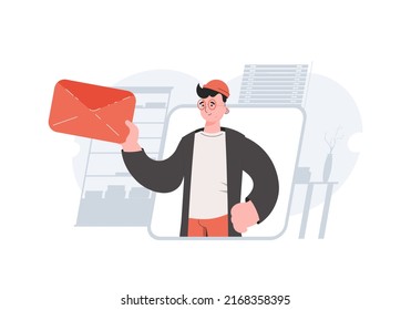 A man stands waist-deep and holds a letter. Communications. Element for presentations, sites. Vector illustration