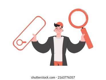 A man stands waist-deep and holds a magnifying glass in his hands. Isolated. Element for presentations, sites. Vector illustration