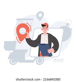 A man stands waist-deep and holds a navigation sign in his hands. Delivery. Element for presentations, sites. Vector illustration