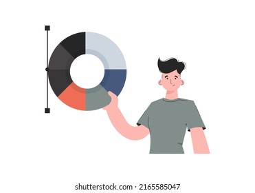 A man stands waist-deep and holds a palette of paints in his hands. Isolated. Element for presentations, sites. Vector illustration