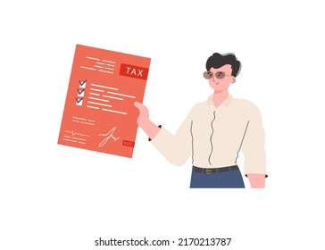 A man stands waist-deep and holds a tax payment form. Isolated. Element for presentation. Vector illustration