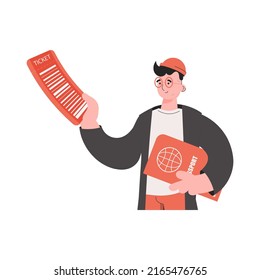 A man stands waist-deep and holds a ticket. Isolated. Element for presentations, sites. Vector illustration