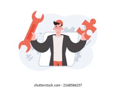 A man stands waist-deep and holds a wrench in his hands. Tech support. Element for presentations, sites. Vector illustration