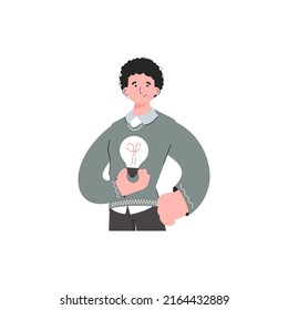 A man stands waist-deep with a light bulb. Isolated. Element for presentations, sites. Vector illustration