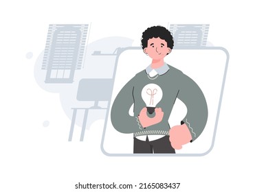 A man stands waist-deep with a light bulb. Idea. Element for presentations, sites. Vector illustration