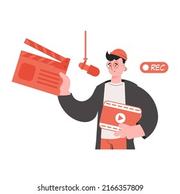 A man stands waist-deep with an open clapperboard. Isolated. Element for presentations, sites. Vector illustration