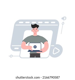 A man stands waist-deep turns on the video on a laptop. Video presentation. Element for presentations, sites. Vector illustration