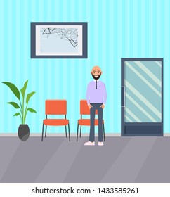 A man stands in the waiting hall, corridor. There are chairs, flower, clock. Vector flat illustration.