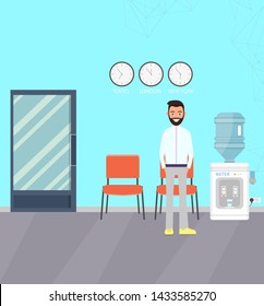 A man stands in the waiting hall, corridor. There are chairs, a water cooler. Vector flat illustration.