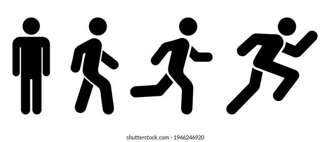 Man stands, walk and run icon set. People symbol. Person standing, walking and running illustration. Run, walk, stand. Vector illustration