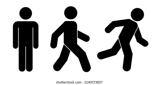 Der Mensch steht, geht und führt Icon-Set aus. Menschen-Symbol. Person, die steht, geht und läuft. Laufen, laufen, stehen