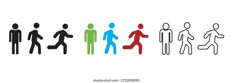 Der Mensch steht, geht und läuft Ikone. Das minimalistische Piktogramm zeigt die menschliche Figur, die sich vom Stehen zum Gehen und Laufen entwickelt. Es veranschaulicht die Bewegung, die Geschwindigkeitszunahme und die Aktivitätsstufen.