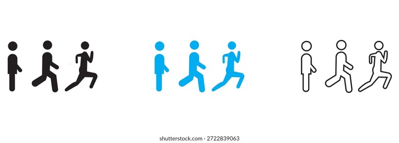 O homem fica de pé, anda e corre ícone. Pictograma minimalista mostra a figura humana progredindo de pé para andar e correr, ilustrando movimento, aumento de velocidade e estágios de atividade.