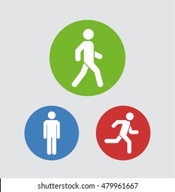 Man stands, walk and run icon set . People color circle symbol . Vector illustration