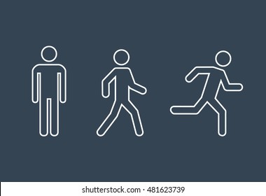 Man Stands, Walk And Run Icon Set . People Outline Symbol . Vector Illustration