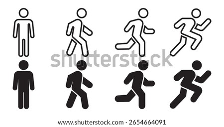 Man stands, walk and run icon set. People symbol. Person standing, walking and running illustration. Run, walk, stand. Vector illustration