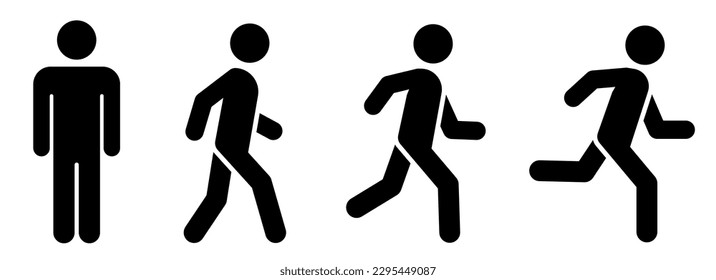 Man stands, walk and run pictogram set. People icons. Silhouette of a man collection. Run, walk, stand pictograms. Person standing, walking and running.