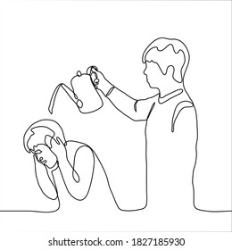 man stands with a watering can from which he pours another, his victim crouched and grabbed his head. one line drawing concept to bring someone to their senses / cool someone's ardor, bullying