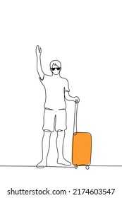 man stands and waves his hand and holds a suitcase on wheels - one line drawing vector. concept tourist waving to a transfer greeter, farewell or meeting a foreigner