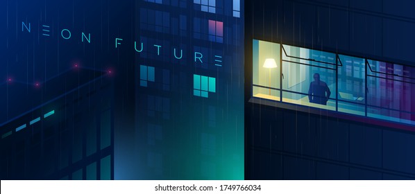 A Man Stands At The Window Of His House. Stay Home. View Of The Futuristic Night City. Rainy Night