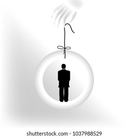 A man stands within a white ring suspended by a string held by a large female hand in a surreal minimalist illustration.
