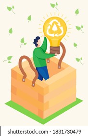 A man stands in a wooden box and raises a large light bulb with a recycling logo on it. Production of environmentally friendly electricity. Recycling garbage and unnecessary things. Natural products