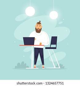 Man stands working behind a laptop, office life, businessman, programmer, data analysis, statistics. Flat design vector illustration.