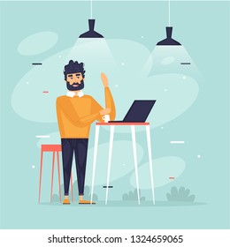 Man stands working at the computer, office life, businessman, programmer, data analysis, statistics. Flat design vector illustration.