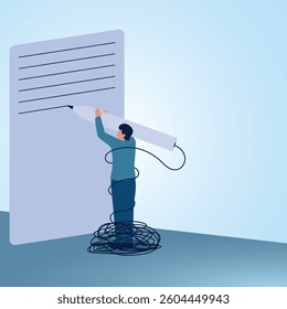 A man stands writing a tangled line on a paper. A metaphorical illustration of writing down problems, analysis and creativity in solving problems.