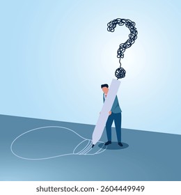 A man stands writing a tangled line of question marks on the floor forming a bulb. A metaphorical illustration for writing down problems, analysis and creativity in solving problems.