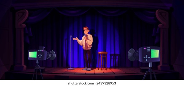 Man standup comedy performer on stage with mic and stool, blue curtain and tv cameras, lighted with spotlight. Comedian male artist during entertainment on scene. Talent show or theater presentation.