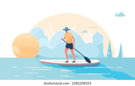 Hombre parado chapoteando en un lago, con el sol al fondo y reflejos de la pared en una tabla de remo y árboles en el agua. Concepto de deportes de agua de vectores planos. Vacaciones libres de gadgets