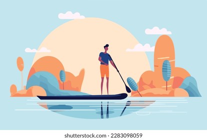 Hombre parado chapoteando en un lago, con el sol al fondo y reflejos de la pared en una tabla de remo y árboles en el agua. Concepto de deportes de agua de vectores planos. Vacaciones libres de gadgets