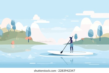 Man paddelt auf einem See mit Sonnenuntergang im Hintergrund und Reflexionen von der auf einem Paddleboard und Bäumen auf dem Wasser. Flaches Vektorwassersportkonzept. Gadget-freier Urlaub