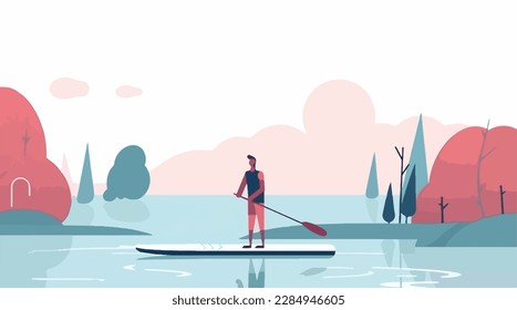 Man stand-up paddling on a lake, with the sun setting in the background and reflections of the on a paddleboard and trees on the water. Flat vector watersport concept. Gadget-free vacation