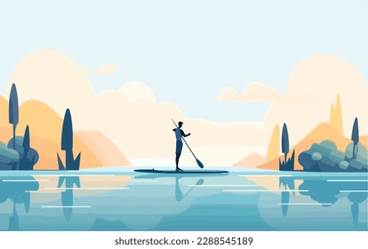 Man stand-up paddling on a lake, with the sun setting in the background and reflections of the on a paddleboard and trees on the water. Flat vector watersport concept. Gadget-free vacation