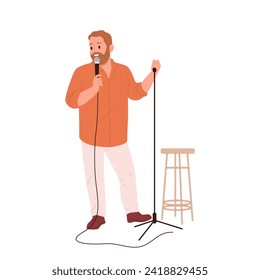 Man standuper cartoon character giving humor speech on stage performing with mic isolated on white