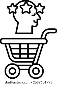 A man with a star on his head is pushing a shopping cart. Concept of positivity and happiness, as the man is smiling and surrounded by stars. The shopping cart itself is a symbol of consumerism