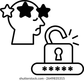 A man with a star on his head is looking at a lock with a keyhole. The lock is open and the keyhole is visible