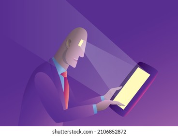 A man stares into a tablet. The light from his square, yellow eye reflects off the tablet and back at him.