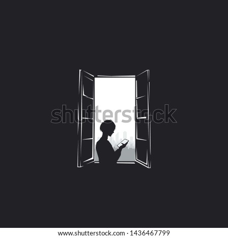 Similar – Image, Stock Photo Young man standing in a dark room looking out an open window