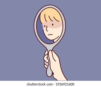 man staring at her sad reflection in a mirror. Hand drawn style vector design illustrations.