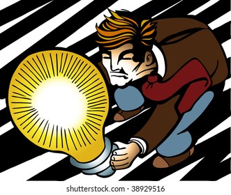 Man staring into a lightbulb. Metaphor for understanding a new idea.