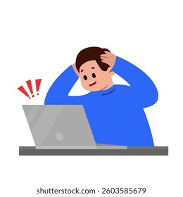 a man staring at a laptop. Stressed cartoon business man in Office Work Place. Stress at work. 