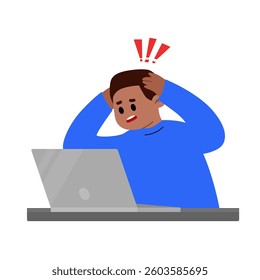 a man staring at a laptop. Stressed cartoon business man in Office Work Place. Stress at work. 