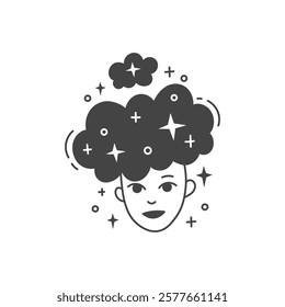 Man with Stars in Hair Illustration. Vector boy portrait with cosmic curls. Surreal night sky concept design. Drawn human face with universe elements in doodle style