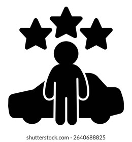 Man and stars with taxi car solid icon, neural dataset concept. Vector graphics. Famous service, feedback tracking sign on white background, style mobile or design